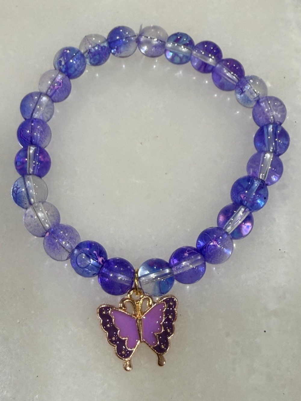 Purple Beaded Stretch Bracelet with Butterfly Charm